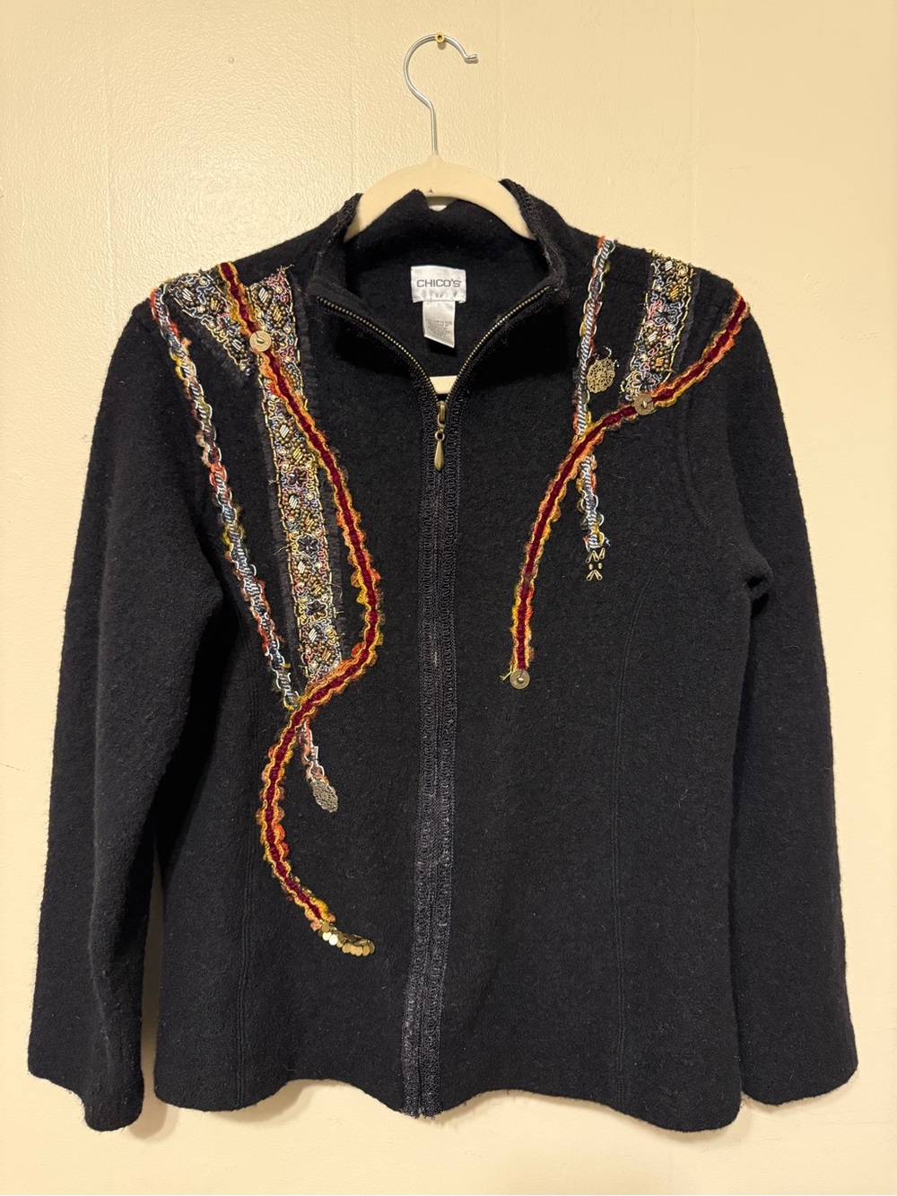 Chico's Black Zip-Front Jacket with Multicolor Braided Trim 100% merino wool s 1